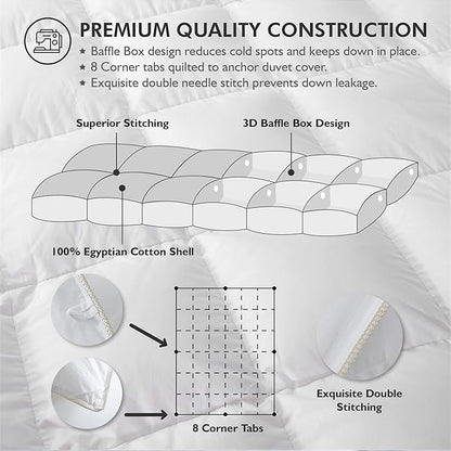 Luxurious White Solid Medium Weight, King Size Goose Feathers Down Comforter for All-Season Weather Duvet Insert, Premium Baffle Box, 100% Egyptian Cotton Cover, 65 oz. Fill Weight
