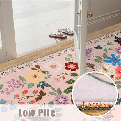 Runner Rug for Entryway: 2x10 Kitchen Rugs Non Slip Washable Ultra-Thin Soft Floral Carpet Indoor Floor Stain Resistant Carpets for Hallway Bedroom Kitchen Laundry Bathroom Dorm Beige
