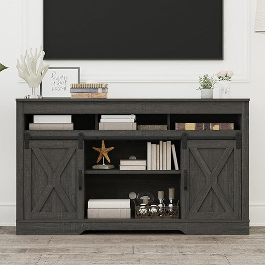 RoyalCraft Farmhouse TV Stand for 65+ Inch TV, 34'' Tall Entertainment Center with Sliding Barn Doors, Rustic Wood Media Console Storage Cabinet Television Stand for Living Room, Bedroom (Dark Grey)
