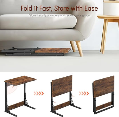 Tatub 24" Folding C Shaped End Table Set of 2, Small Sofa Side Laptop Desk, Couch TV Tray Table for Living Room, Bedroom, Rustic Brown