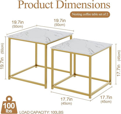 Garden 4 you Coffee Table Set of 2, Modern Engineered Wood Nesting Table, Metal Frame Square Center Table Set, Side Tables, Nesting Coffee Table for Living Room, Bedroom and Small Spaces, 19.7in Gold