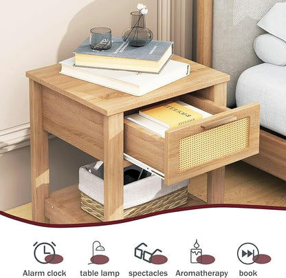 IBUYKE Rattan Nightstand Set of 2, Boho Night Stand with Drawer, Wood Bedside Tables with Storage Shelf, End Table with Legs for Bedroom, Natural UWNS011N-2