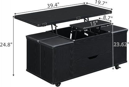 Merax Multi-Functional Lift-Top Coffee Table with Hidden Storage and Stools,Multi-Function Modern Center Table with 4 Stools and Casters,Perfect for Modern Living Spaces, Black