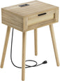 HAIOOU Nightstand with Charging Station Rattan Drawer, Mid Century Modern Side Table, End Beside Table with Pine Wood Legs Storage for Bedroom Living Room