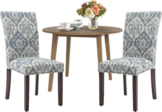 COLAMY 3-Piece Extendable Dining Table Set for 2, 36" Kitchen Round Wood Table with 2 Nailhead Dining Room Chairs,Light Brown/White&Blue Flower