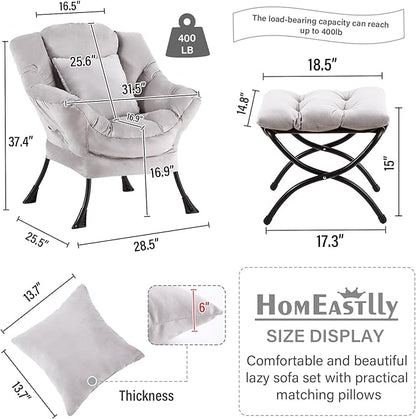 Large Lazy Chair with Ottoman, Accent Reading Chair with a Soft Grey Throw Pillow, Cozy Lounge Chair with Armrest, Leisure Sofa Chair for Living Room, Bedroom, Dorm, Velvet Soft Grey