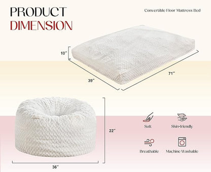 Hobestluk Bean Bag Chair Convertible Beanbag Chairs for Adults, 3 in 1 Bean Bags with Plush Chevron Cover, Adult Bean Bag Chair for Living Room, Bedroom (White, Twin)