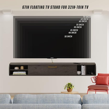 Floating TV Unit, 67'' Wall Mounted TV Cabinet, Floating Shelves with 4 Cabinets, Wooden Entertainment Media Console Center Large Storage TV Bench for Living Room & Office (67IN, Dark Grey)
