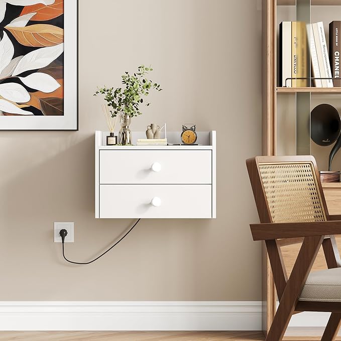 Floating Nightstand Set of 2 with 2 Storage Drawers and Charging Station Wood Wall Mounted Bedside End Table Modern Night Stands Set 2 for Bedroom,Small Space,White