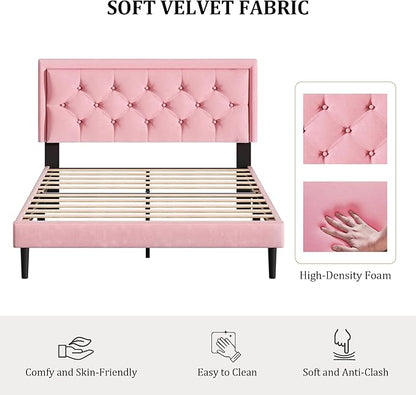 Full Size Platform Bed Frame with Upholstered Velvet Button Tufted Headboard, Mattress Foundation with Wooden Slat Support, No Box Spring Needed, Easy Assembly, Noise Free, Pink
