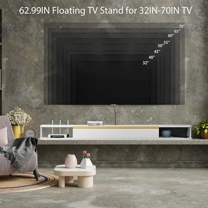 Floating TV Stand, 63'' Wall Mounted Entertainment Center TV Media Console, Floating Shelves with Door, Floating TV Cabinet Large Storage TV Bench for Living Room (White, 62.99IN)