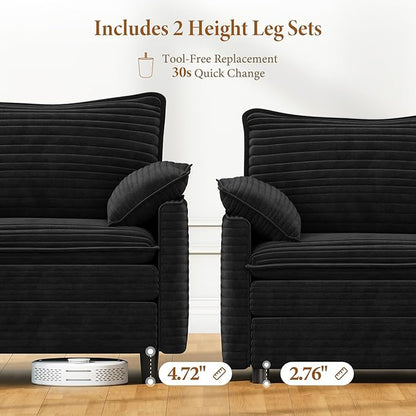 Vesgantti 142" Cloud Couch Sectional Modular Sofa, Comfy Sectional Couch with Ottoman Deep Seat Corduroy L Shaped Sofa, Modular Couches for Living Room, Bedroom and Apartment, Black