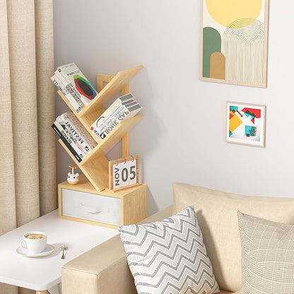 Small Book Shelf with Drawer,4 Tier Black Tree Bookshelf,Wooden Desktop Bookcase,Modern Desk Display Storage Bookshelves,Floor Standing Organizer Bookcases for Living Room,Bedroom,Office