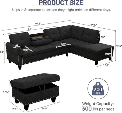 L Shaped Modular Sectional Sofa with Reversible Chaise Lounge, 5-Seater Corner Couch, Linen Upholstery Convertible Sofá w/Movable Ottoman, Cup Holders, 2 Pillows and Rivet Ornament for Living Room