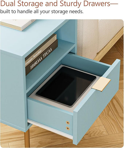 Masupu Night Stand,Mid-Century Modern Bedside Table with Storage Drawer and Open Wood Shelf,Small Gold Frame Side Table for Bedroom,Living Room, Blue