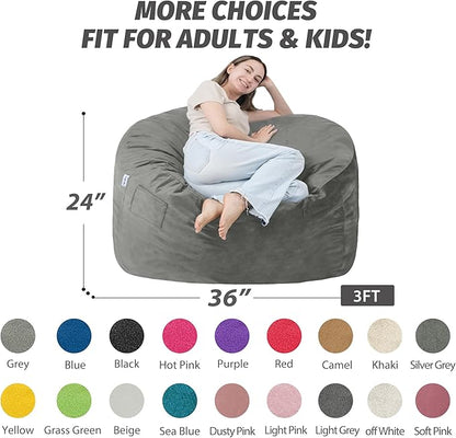 3FT Bean Bag Chair with Ultra Soft Velvet Cover Bean Bag Sofa with Memory Foam Bean Bag Chairs with Large Size Lazy Sofa for Dorm Office Living Room Bedroom Silver Grey 3'