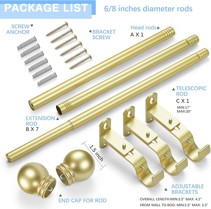 Curtain Rods for Windows 16 to 136 Inches, Curtain Rod Max Adjustable Length of 144 IN, 6/8" Diameter Drapery Rods Round Finials, Warm Gold, Pack of 1