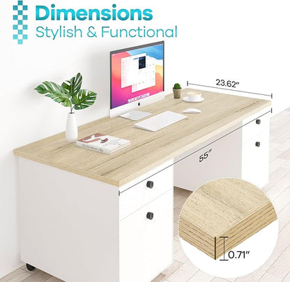 Kaboon Universal Tabletop 55"x23.62" Solid One-Piece Melamine Table Top, Double Desk L-Desk DIY, Home and Office Countertop, Oak/Grey Tone
