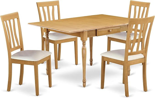 East West Furniture MZAN5-OAK-LC 5 Piece Modern Dining Table Set Includes a Rectangle Wooden Table with Dropleaf and 4 Faux Leather Upholstered Dining Chairs, 36x54 Inch, Oak