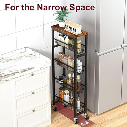Honest Slim Storage Cart 5-Tier Slim Rolling Cart with Metal Frame and Wooden Top, 6.3 Inches, for Kitchen, Dining Room, Living Room, Bathroom, Home Office, Rustic Brown and Black
