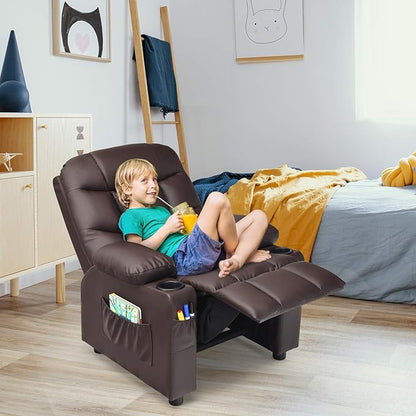Costzon Kids Recliner Chair with Cup Holder, Adjustable Leather Lounge Chair w/Footrest & Side Pockets for Children Boys Girls Room, Ergonomic Toddler Furniture Sofa, Kids Recliner (Brown)