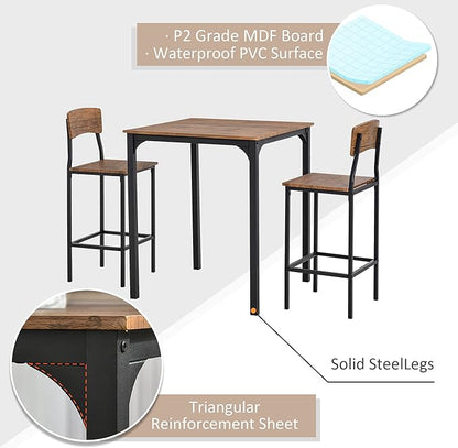 HOMCOM 3 Piece Industrial Counter Height Dining Table Set, Bar Table & Chairs with Steel Legs & Footrests, Black