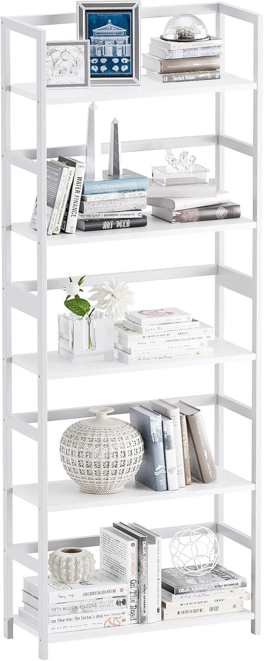 5-Tier Bookshelf, Industrial Bookcase with Bamboo Frame, Modern Display Standing Shelf Unit, Tall Wood Storage Organizer for Living Room, Home Office, White