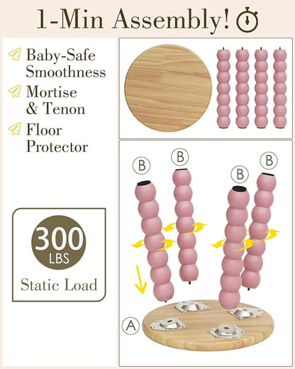 Masupu Solid Wooden Step Stool for Adults Kids, 11 inch Small Foot Stool, Non-Slip One Step Stool, Sturdy Foot Stool for Bathroom, Bedroom, Kichen, Plant Stand(Natural and Pink)
