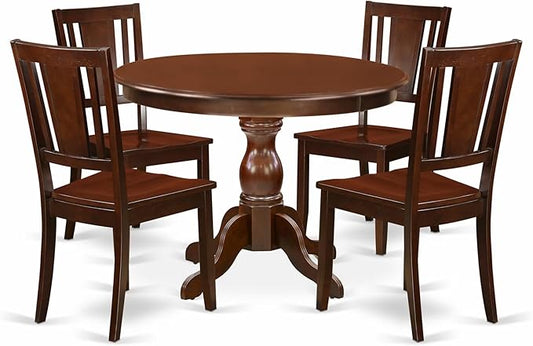 East West Furniture HBDU5-MAH-W 5 Piece Dining Room Table Set Includes a Round Kitchen Table with Pedestal and 4 Dining Chairs, 42x42 Inch, Mahogany