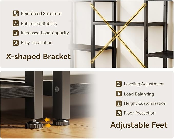 Casaottima Triple 4 Tier Bookshelf, Large Bookcase with 11 Open Display Shelves, Modern Industrial Book Shelves Book Case for Bedroom, Wide Standing Shelving Unit for Living Room Home Office, Black
