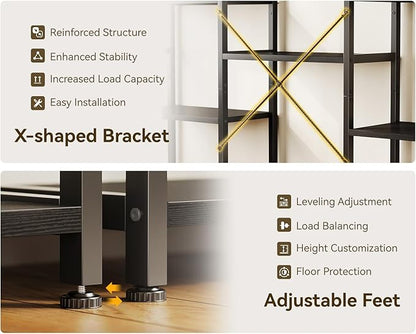 Casaottima Triple 4 Tier Bookshelf, Large Bookcase with 11 Open Display Shelves, Modern Industrial Book Shelves Book Case for Bedroom, Wide Standing Shelving Unit for Living Room Home Office, Black