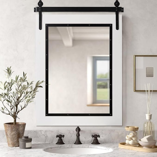 YOSHOOT Farmhouse Barn Door Mirror, 40"x30" Rustic Bathroom Mirror, Wood Frame Wall Mirror, Wooden Mirror for Living Room Bedroom Entryway Wall Décor, White Vertical Hanging ONLY