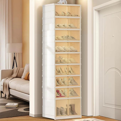 Foldable Shoe Organizer Storage Box, Portable Extra Large Folding Shoe Rack for Closet, Shoe Storage Box with Magnetic Transparent Door and Wheels, 9 Layers 18 Grids with 2 Big Grids for 2 PCS