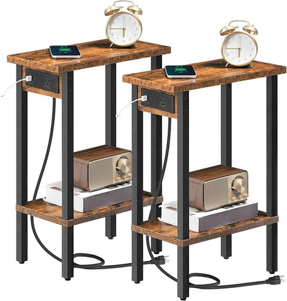 HOOBRO Small End Table with Charging Station, Set of 2, Narrow Side Table with USB Port and Outlets, Skinny Sofa Table, Slim Nightstand, Living Room, Bedroom, Rustic Brown and Black BF240UBZP201