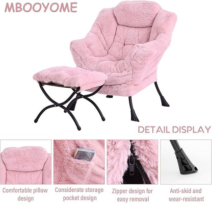 Lazy Chair with Folding Ottoman, Modern Accent Lounge Armchair with Armrests and a Side Pocket & Foldable Footstool, Leisure Reading Chair for Living Room, Bedroom, Dorm & Office, Plush Pink