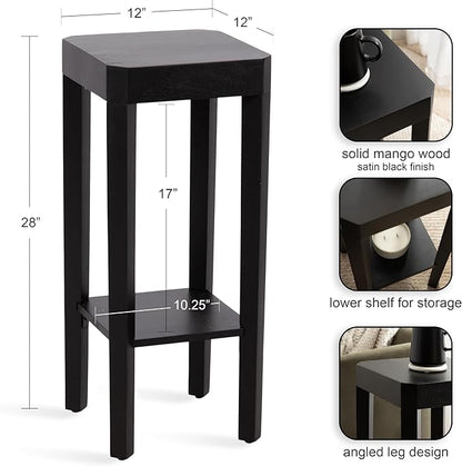 Kate and Laurel Talcott Modern Square Wood Drink Table, 12 x 12 x 28, Black, Transitional Decorative Two-Tier Pedestal Table for Use as Plant Stand Indoors or Living Room Decor Accent
