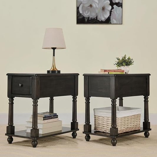 LEEMTORIG Set of 2 Solid Wood End Table Narrow Side Table with Drawer, Cherry Wood End Table Living Room, 13" W Slim Small Nightstand, 22" D x 22.3" H, No-Tools Assembly, Rustic Black BBJ-004-BK