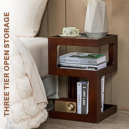 Uniclinens Bookshelf Nightstand 3-Tier Storage, End Side Table with Tempered Glass Desktop, Modern Solid Wood Bedside Table for Bedroom Living Room, Walnut