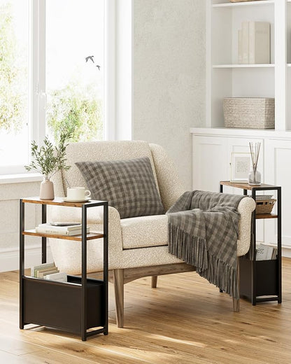Narrow Side Table End Table, 3-Tier Side Table with Storage Bag, Narrow Nightstand for Small Spaces, Bedside Table for Living Room, Bedroom, Rustic Brown