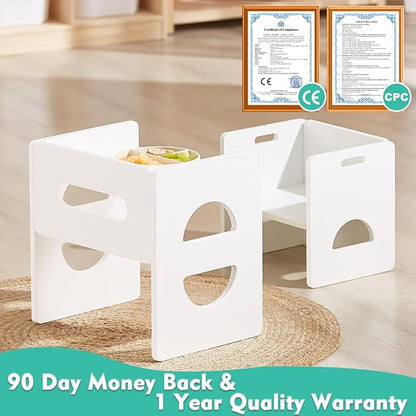 FUNLIO Height Adjustable Montessori Table and Chair Set for Age 1-3, Solid Wood Toddler Table and Chair Set, Weaning Baby Table Chair Set for Reading/Eating/Playing, Easy to Assemble - White