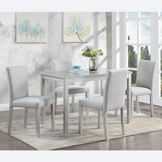 KEIKI 5-Piece Standard Height Dining Table Set with Rectangular Table and 4 Upholstered Chair, for 4 Person, Crystal Decoration Wooden Table Set, Easy Assembly, for Kitchen, Dining Room, Silver Grey