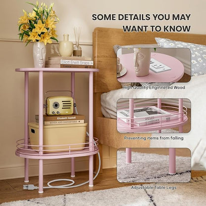 Small Round Side Table with Charging Station,Bedside Table with 2 USB Ports and Outlets, Morden Round Nightstand, Samll Side Table for Living Room,Bedroom, Nursery, Laundry, Pink