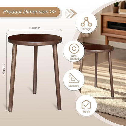 Walnut Side Table, Round End Table, Solid Rubberwood Small Accent Table, Drink Table with 3 Legs for Living Room, Bedroom, Balcony, and Small Spaces