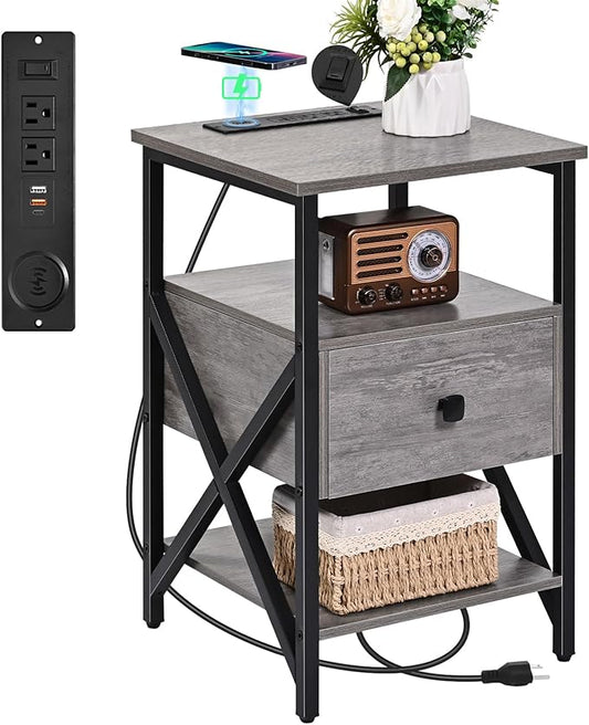 Side Tables with Wireless Charging Station, Grey End Tables Living Room with Charging, Side Tables with Wood Drawer, Night Stands with Storage for Bedroom, Bedside Tables, Living Room