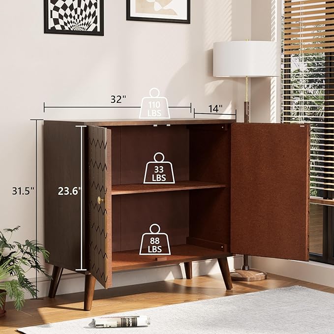 COSIEST 32" Storage Sideboard with Doors, Adjustable Shelf, Decorative Modern Accent Furniture for Living Room, Entryway, Kitchen (Brown, Honeycomb Pattern)