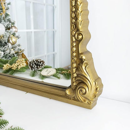 Traditional Ornate Floor Mirror Gold Arched Framed Full Length Wall Mirror Baroque Inspired Full Body Mirror, Antiqued Gold 30 x 60''