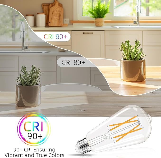 LED Edison Bulbs Dimmable, E26 Bulb 60 watt Equivalent, Soft White 2700K, ST58 Vintage Light Bulbs, 90+ CRI, 6W 600LM, E26 Medium Base, Clear Glass, 10 Pack