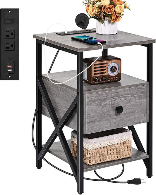 End Tables with Charging Station, Grey Charging Side Table Bedside Table with Outlets, Night Stands with Wood Drawer, Nightstand with Storage for Bedroom, Living Room