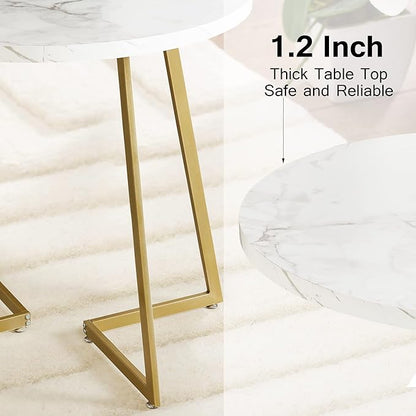 VECELO Round Dining Room Table with Wood Grain Tabletop and Steel Frame, for Kitchen, Living Room, Office, Conference, 2 to 4 Person, White & Gold