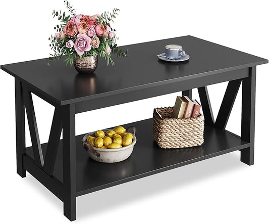 WLIVE Coffee Table with Storage Shelf, 39.4" Farmhouse Coffee Table with V-Frame Support, 2-Tier Wood Rustic Center Table for Living Room, Bedroom & Balcony, Black